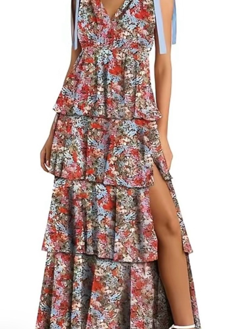 Tiered Floral Maxi Dress in Red, Blue & Brown